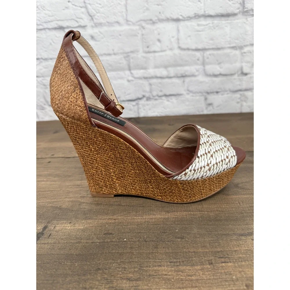 White House Black Market Raffia Wedge Heels Womens 7.5 Brown White Sandals Boho